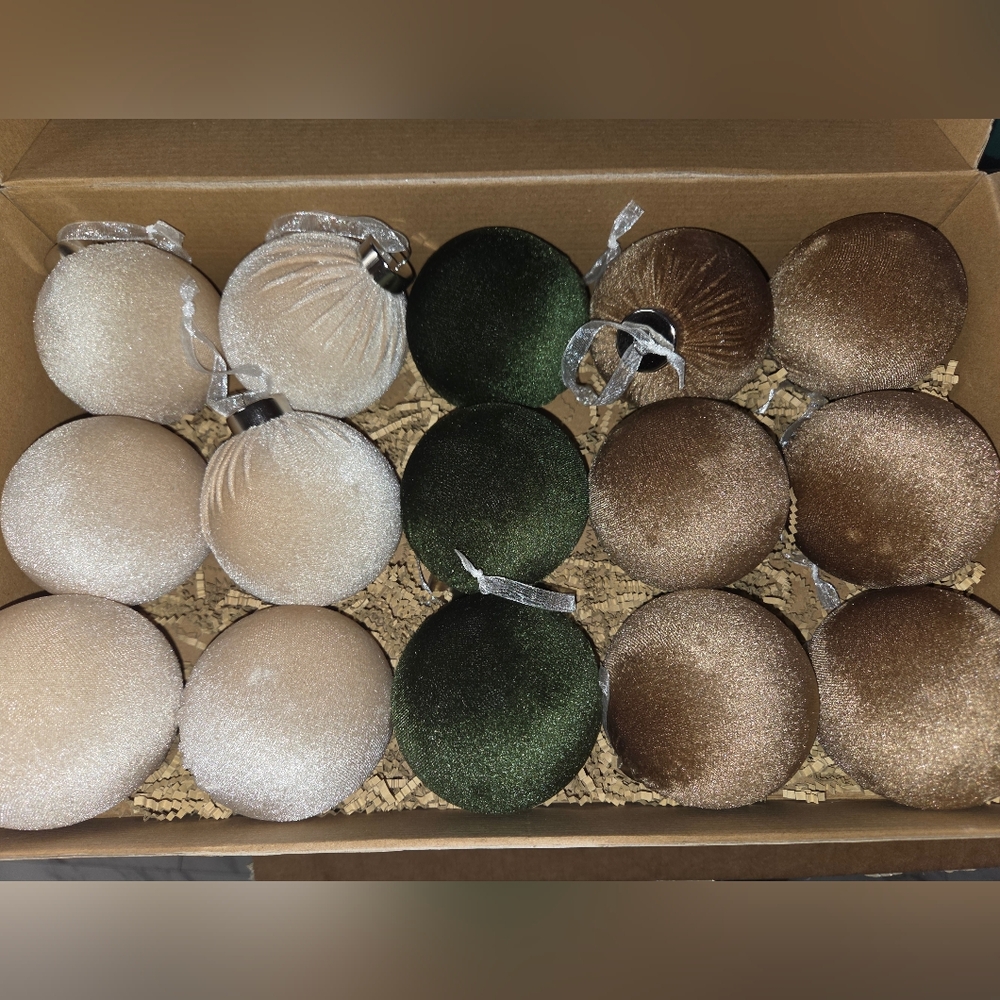 NIB Holiday Ornament Set - Velvet Feel, Cream, Green, Brown Set Of 15